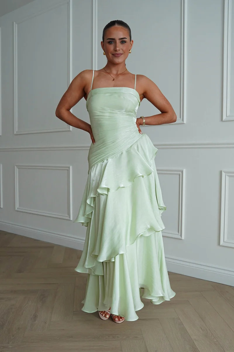 Elegant A-Line Straight-Neck Spaghetti-Strap Zipper-Back Ruffled Maxi Wedding Guest Dress