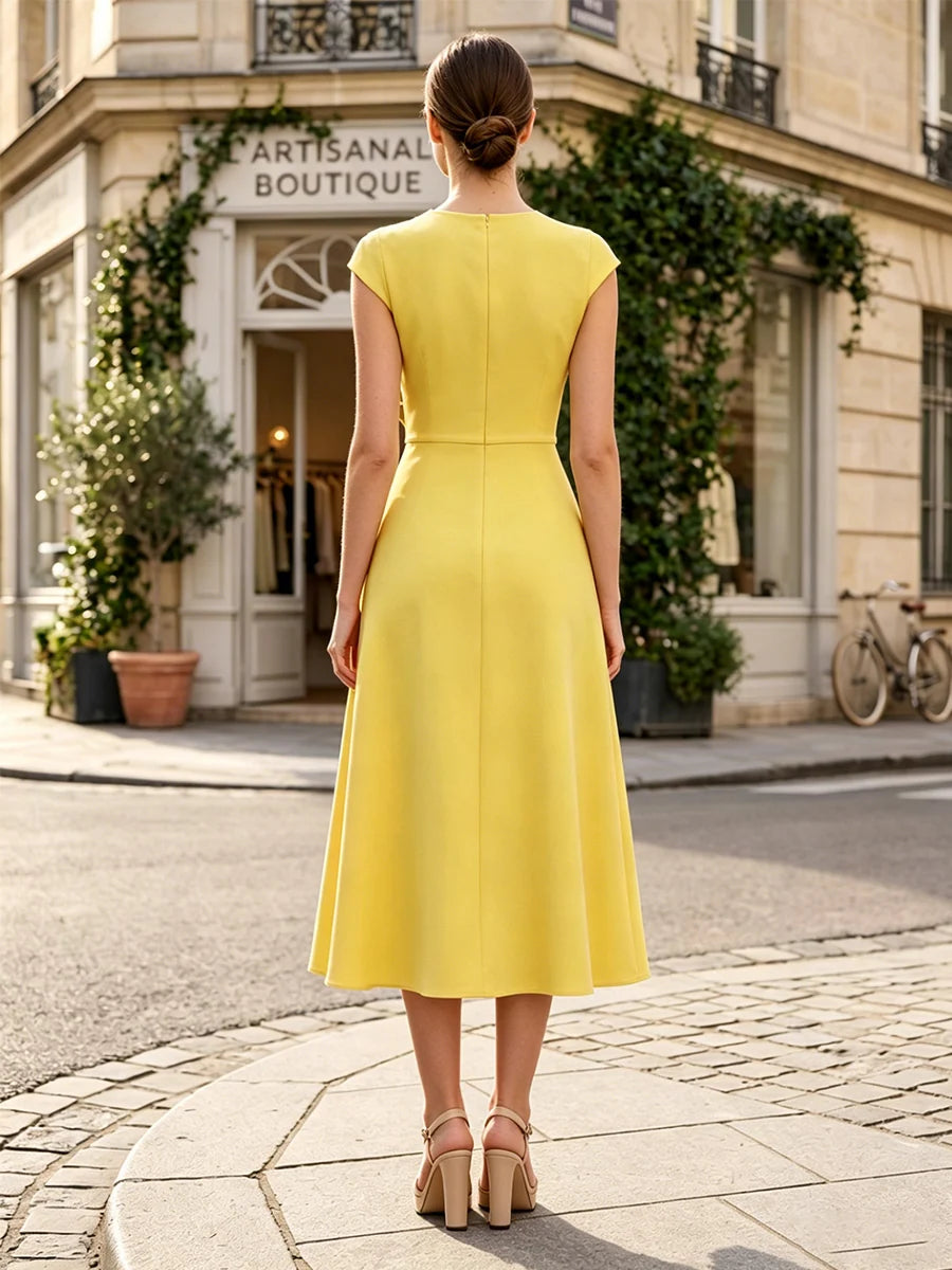 Elegant A-Line Round Neck Cap Sleeve Crepe Midi Wedding Guest Dress