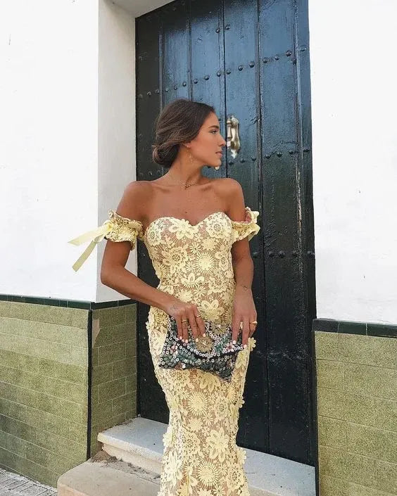Romantic Sheath Sweetheart Off-Shoulder Bow Back Floral Lace Midi Wedding Guest Dress