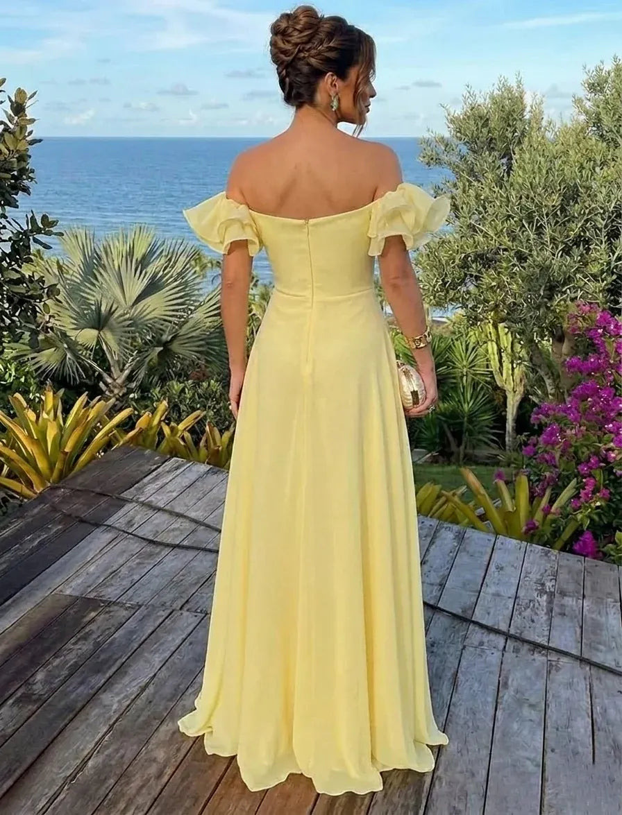 Romantic A-Line Sweetheart Off-Shoulder Ruffle Back Maxi Wedding Guest Dress