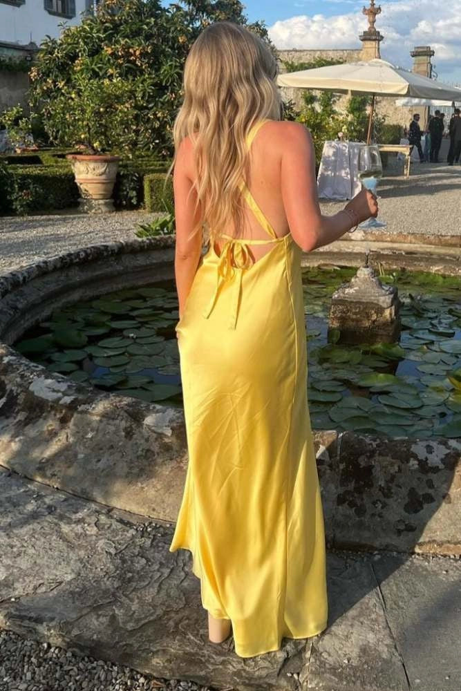 Elegant Yellow Satin Slip V-Neck Spaghetti Strap Tie Back Floor-Length Evening Dress