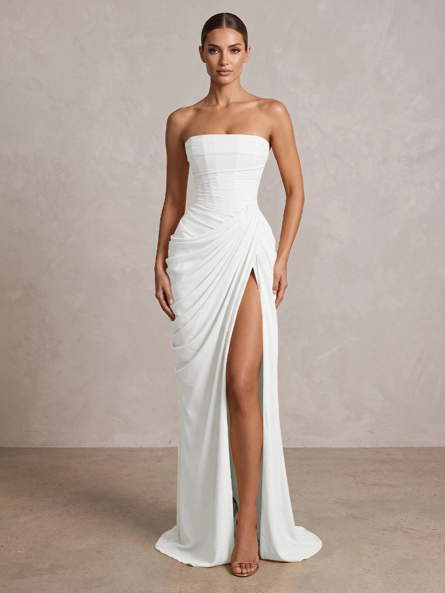 Elegant Chiffon Strapless Ruched Lace-Up High Slit Floor Length Prom Dress