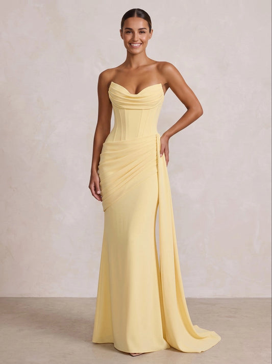 Red mermaid prom dress with strapless sweetheart neckline ruched waist and floor-length sweep train by Loverlm