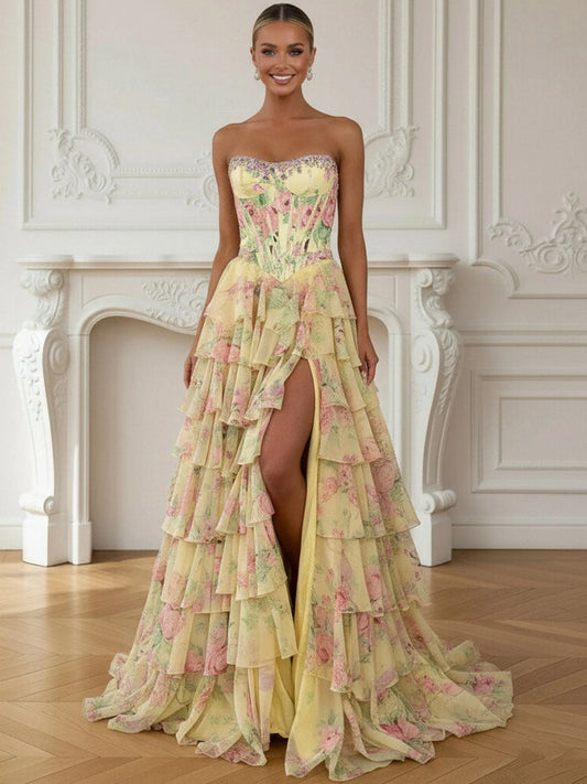 Loverlm yellow floral strapless sweetheart ruffle floor-length prom dress with high slit front view
