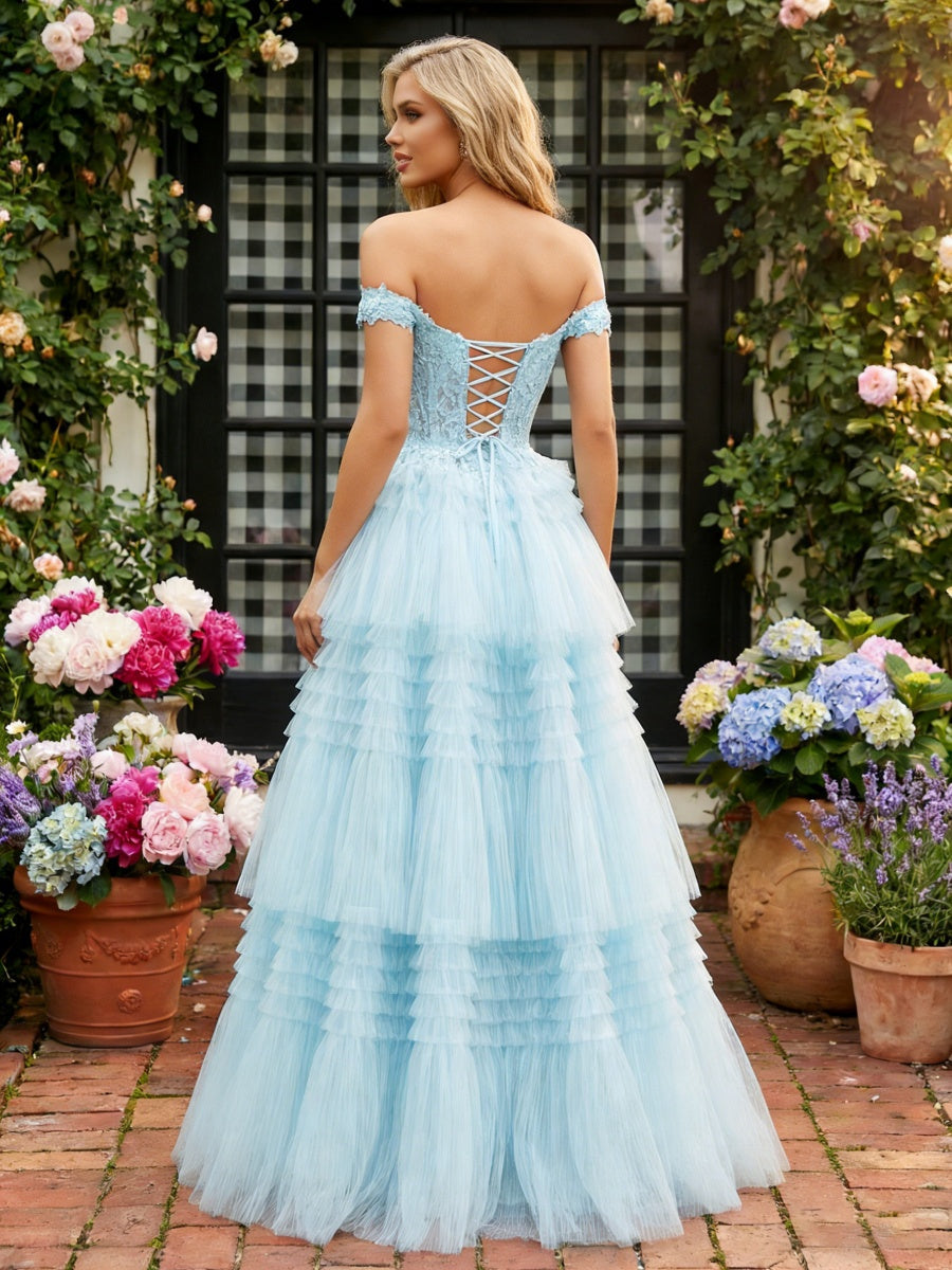 Romantic A-Line Off-Shoulder Lace-Up Tiered Tulle Floor Length Prom Dress