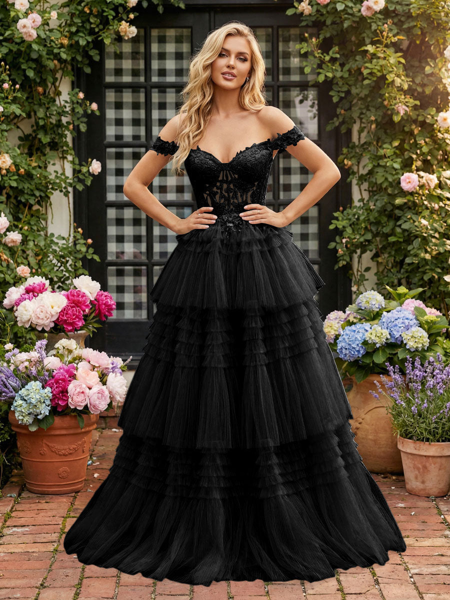 Romantic A-Line Off-Shoulder Lace-Up Tiered Tulle Floor Length Prom Dress