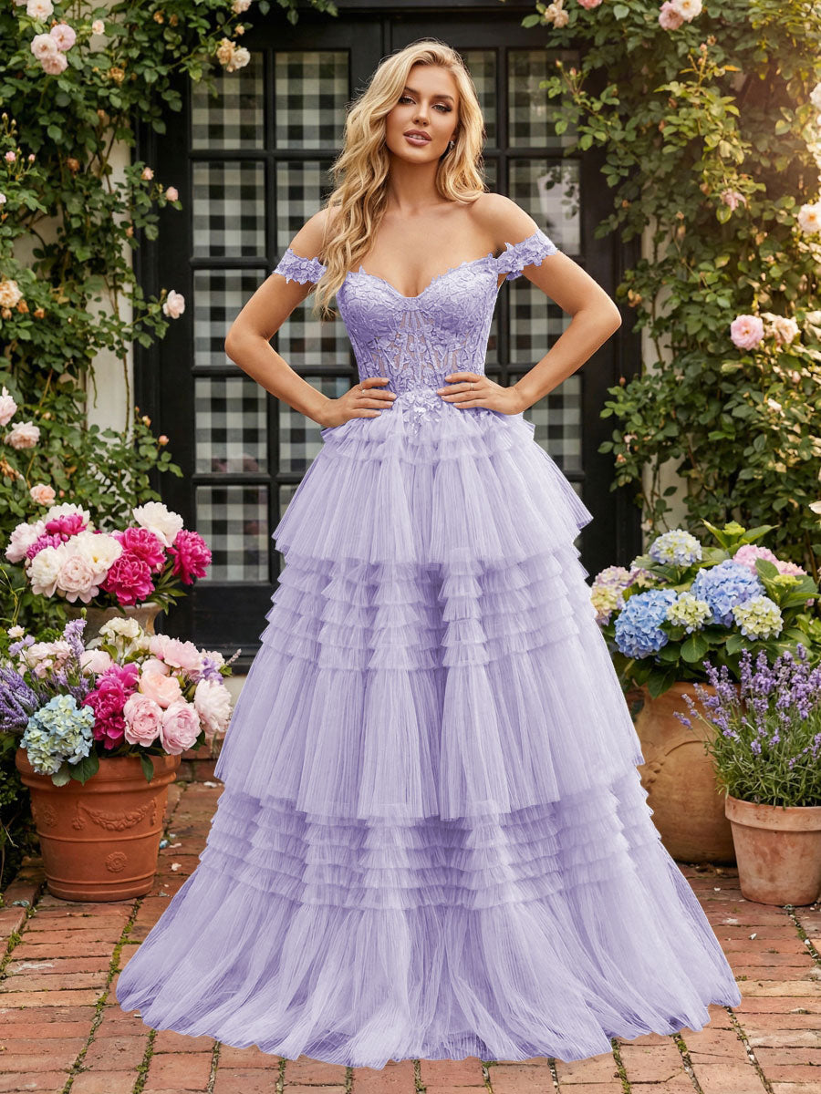 Romantic A-Line Off-Shoulder Lace-Up Tiered Tulle Floor Length Prom Dress