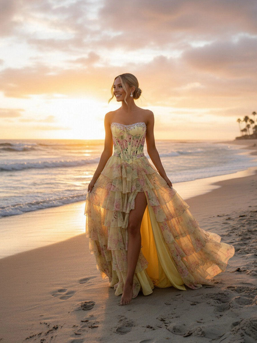 Romantic A-Line Sweetheart Sleeveless Zipper Back Ruffle Floor-Length Prom Dress