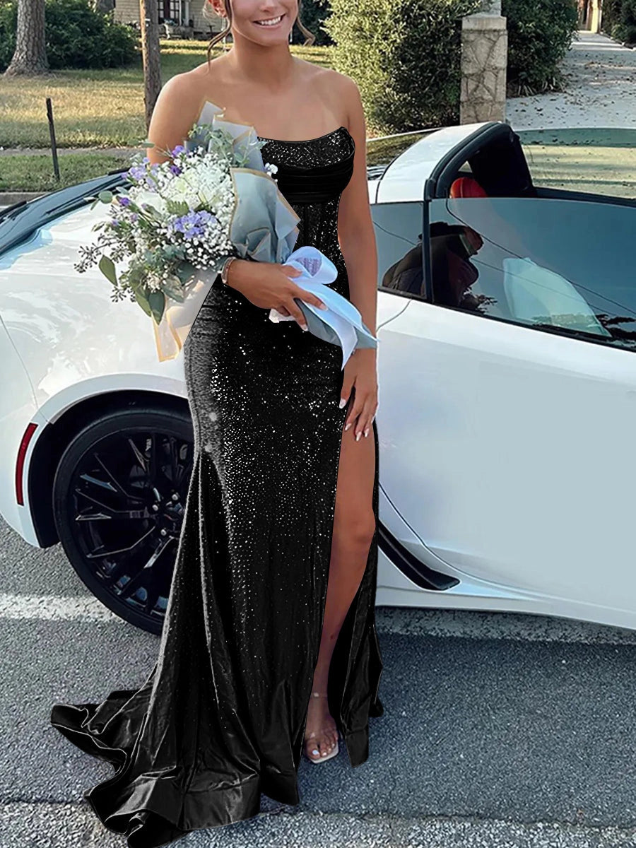 Glamorous Mermaid Cowl-Neck Sleeveless Lace-Up High-Slit Floor-Length Prom Dress