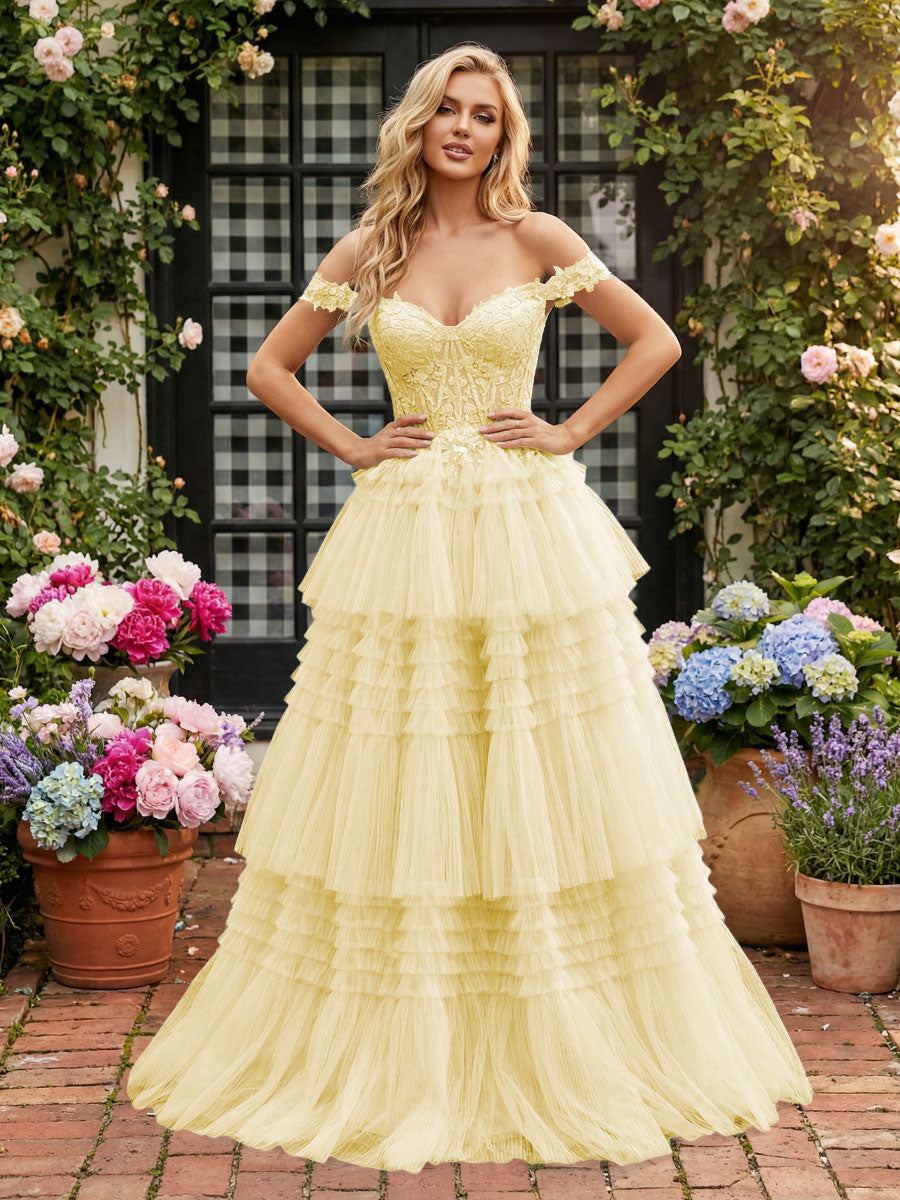 Romantic A-Line Off-Shoulder Lace-Up Tiered Tulle Floor Length Prom Dress