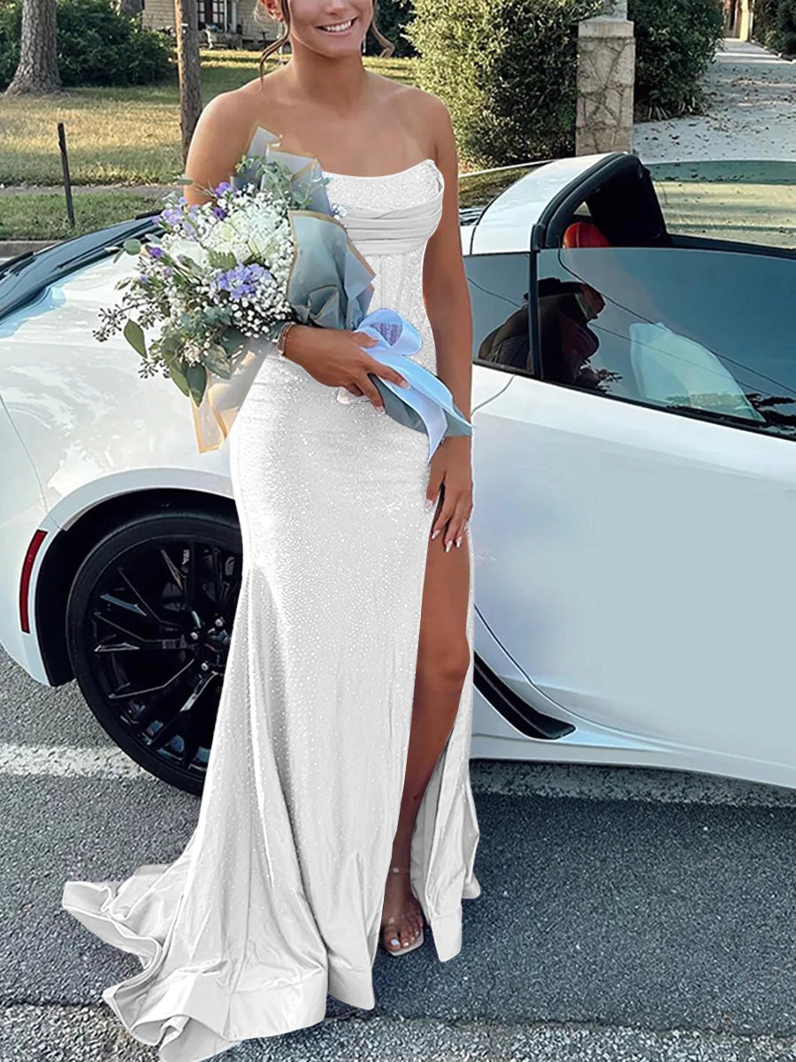 Glamorous Mermaid Cowl-Neck Sleeveless Lace-Up High-Slit Floor-Length Prom Dress