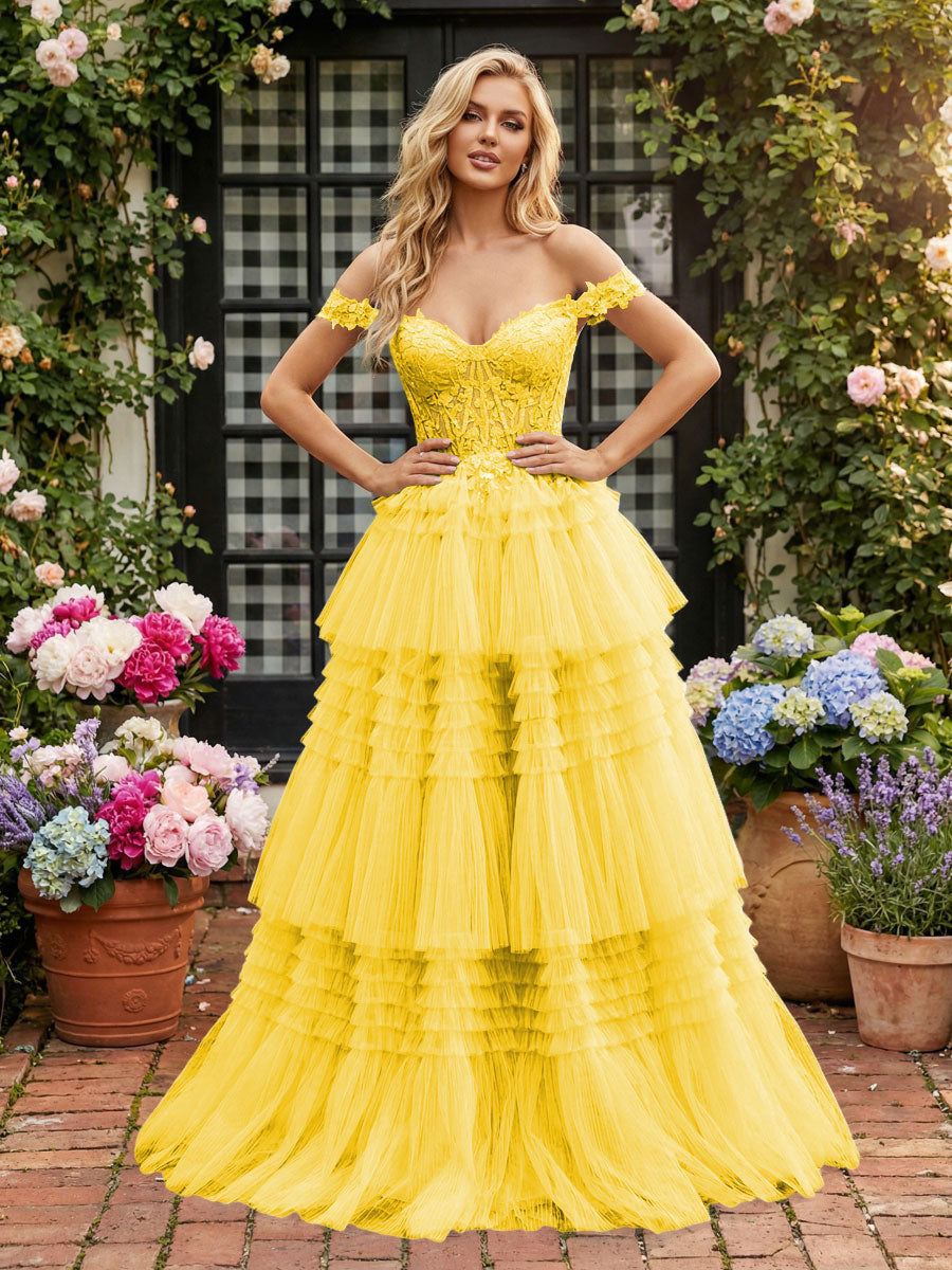 Romantic A-Line Off-Shoulder Lace-Up Tiered Tulle Floor Length Prom Dress