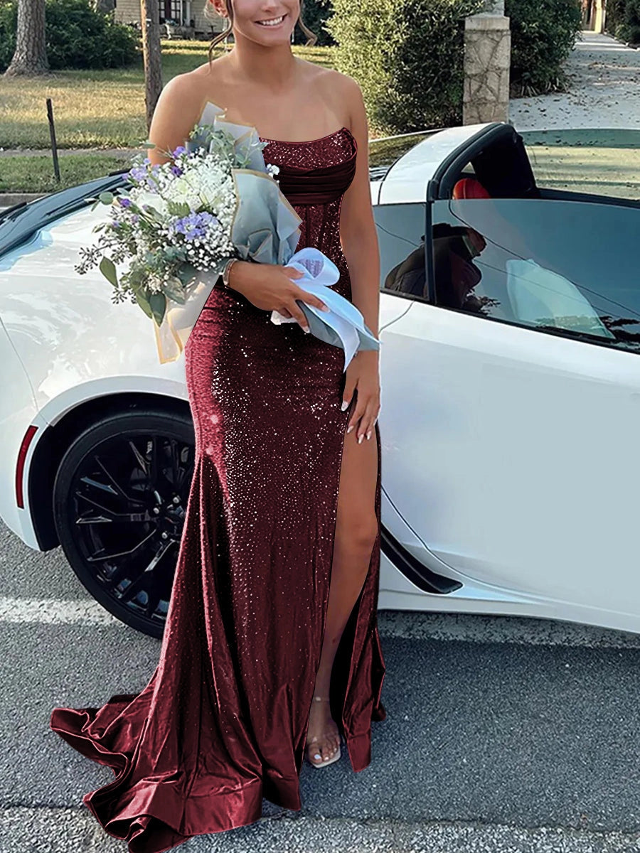 Glamorous Mermaid Cowl-Neck Sleeveless Lace-Up High-Slit Floor-Length Prom Dress