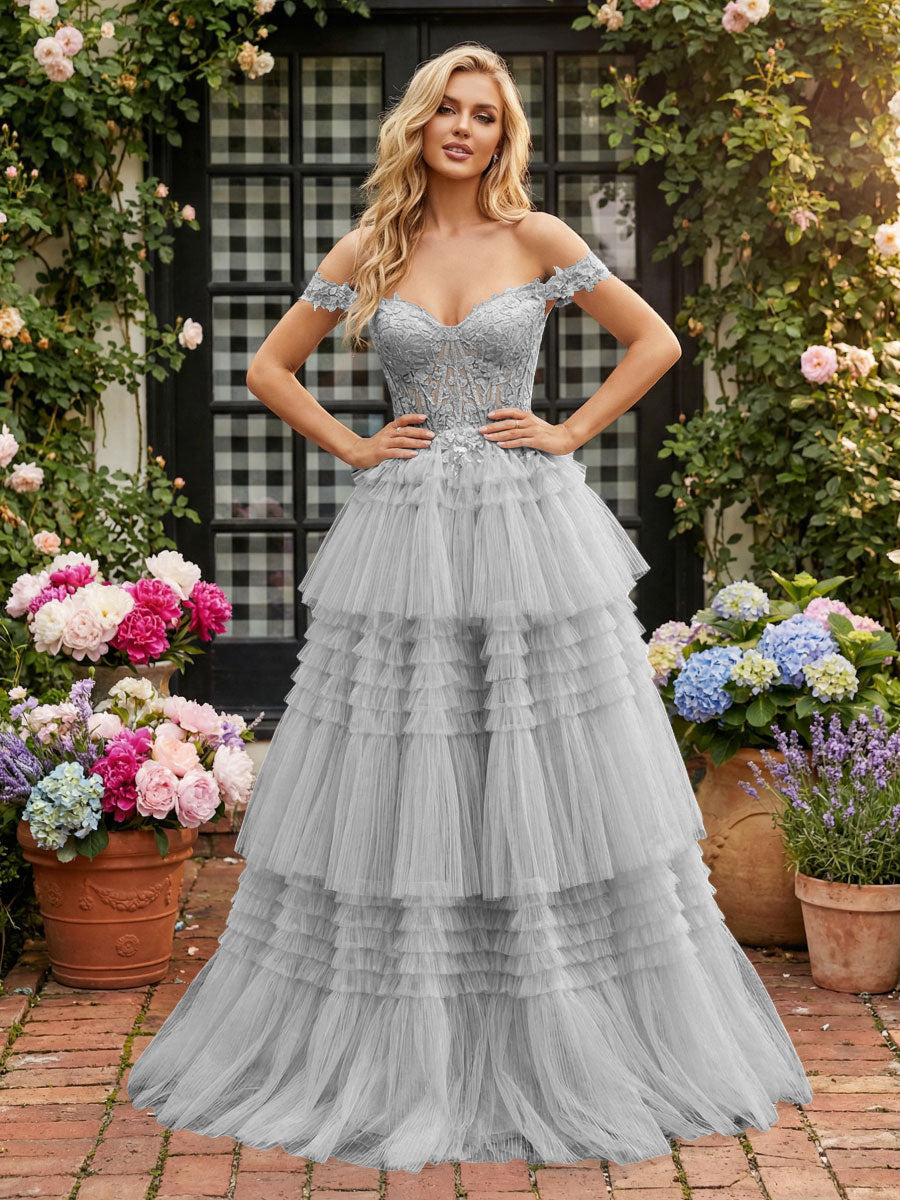 Romantic A-Line Off-Shoulder Lace-Up Tiered Tulle Floor Length Prom Dress