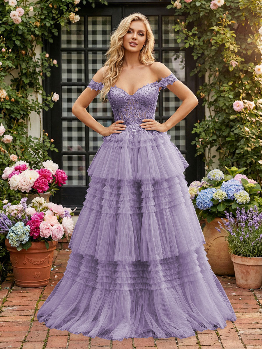Romantic A-Line Off-Shoulder Lace-Up Tiered Tulle Floor Length Prom Dress
