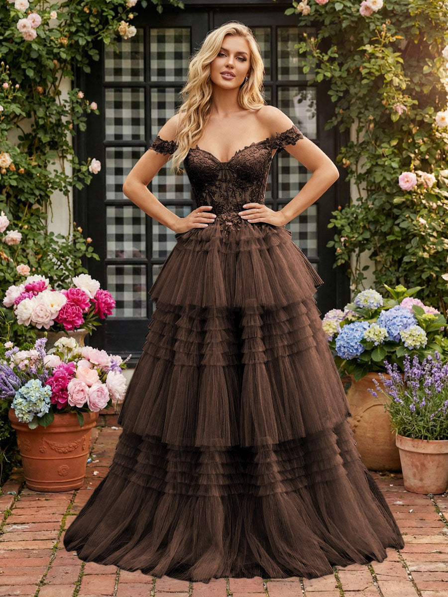 Romantic A-Line Off-Shoulder Lace-Up Tiered Tulle Floor Length Prom Dress