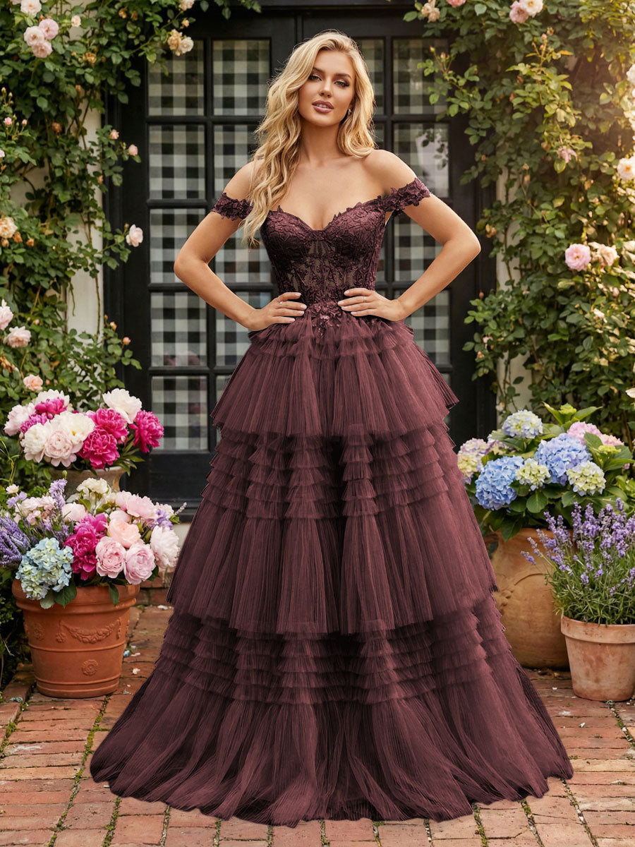 Romantic A-Line Off-Shoulder Lace-Up Tiered Tulle Floor Length Prom Dress