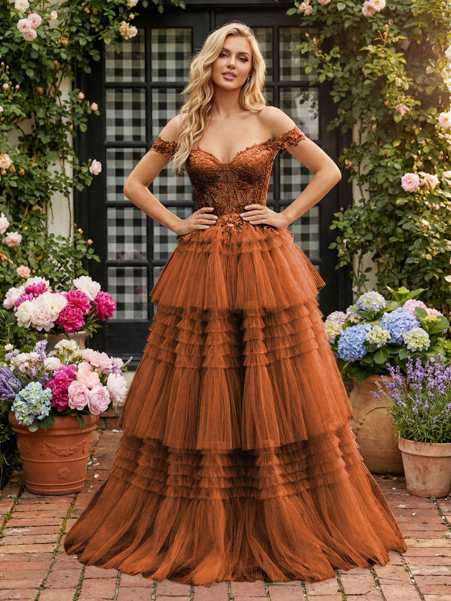 Romantic A-Line Off-Shoulder Lace-Up Tiered Tulle Floor Length Prom Dress