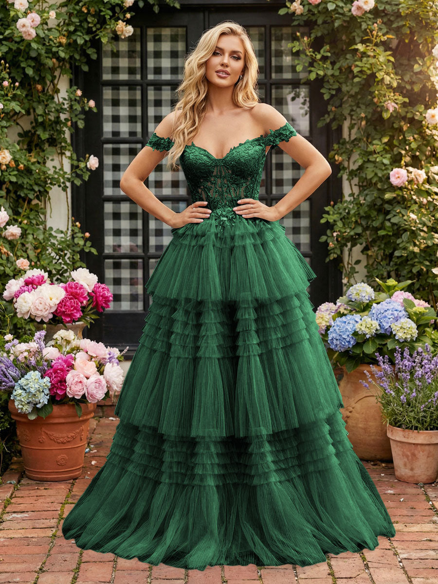 Romantic A-Line Off-Shoulder Lace-Up Tiered Tulle Floor Length Prom Dress