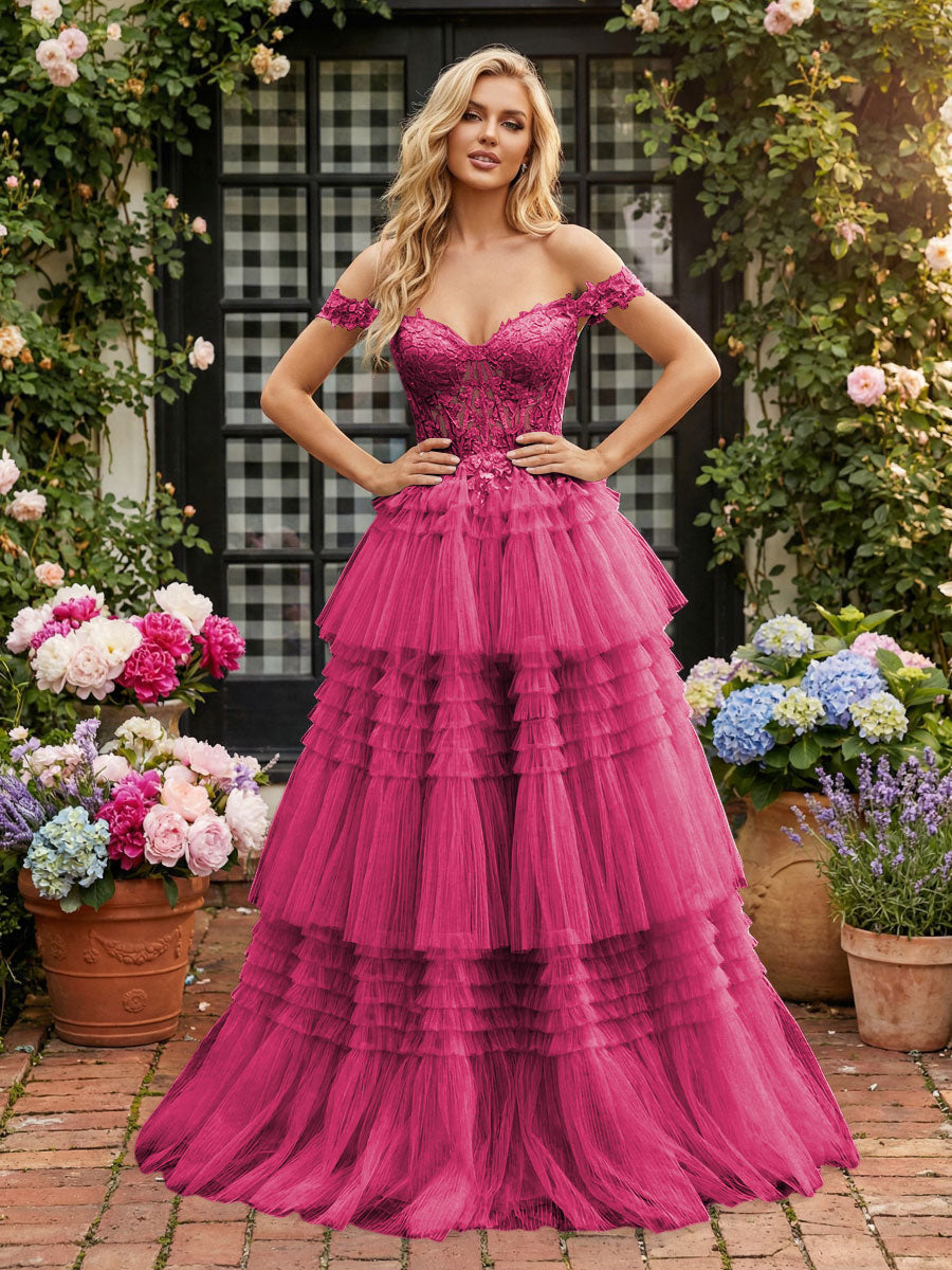 Romantic A-Line Off-Shoulder Lace-Up Tiered Tulle Floor Length Prom Dress