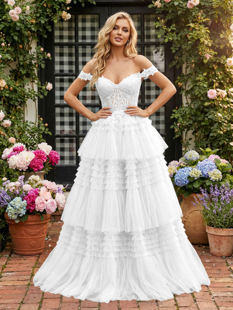 Romantic A-Line Off-Shoulder Lace-Up Tiered Tulle Floor Length Prom Dress