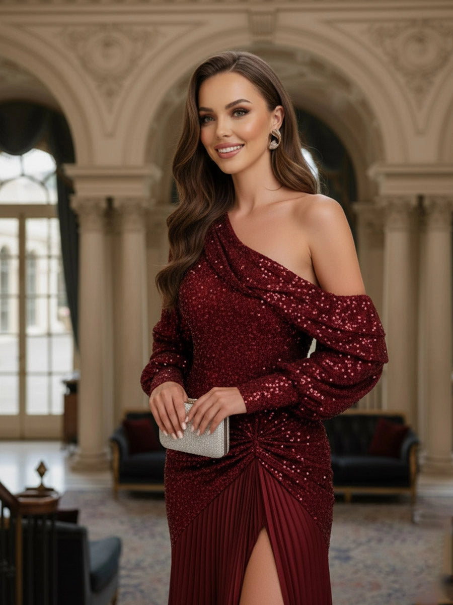 Glamorous Sequin Sheath One Shoulder Long Sleeve High Slit Evening Dress