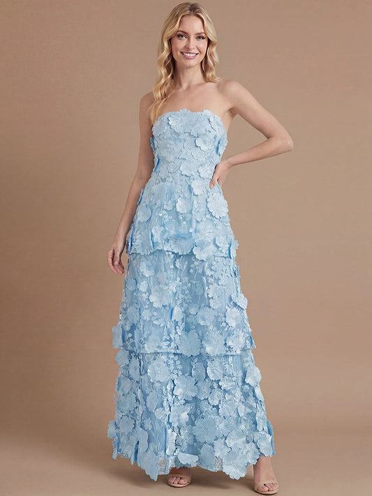Loverlm light blue strapless prom dress with three-dimensional floral lace and tiered floor-length A-line skirt
