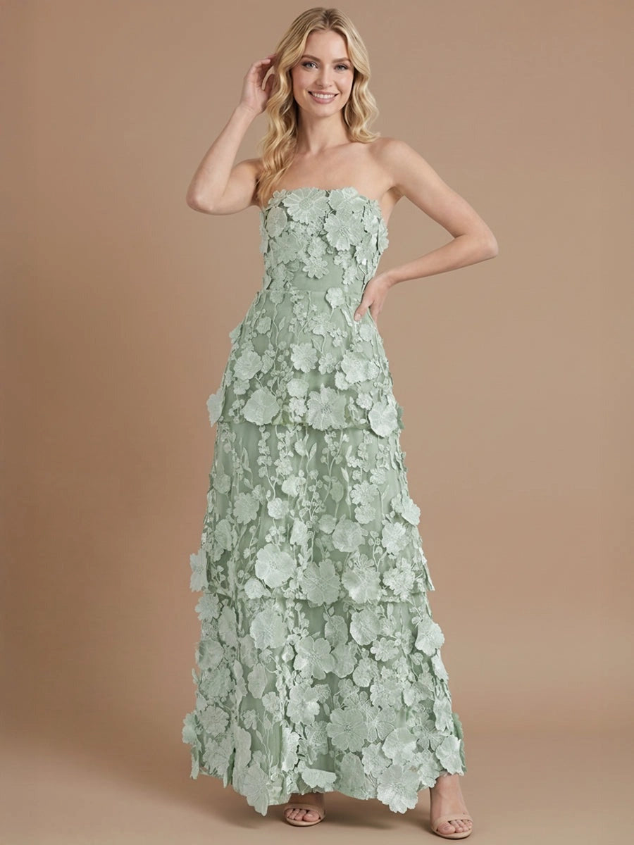 Romantic Lace A-Line Strapless Sleeveless Closed Back Tiered Floor-Length Floral Prom Dress