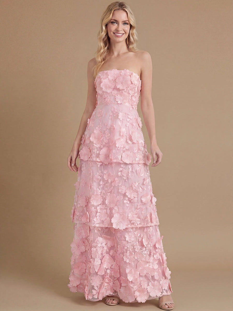 Romantic Lace A-Line Strapless Sleeveless Closed Back Tiered Floor-Length Floral Prom Dress