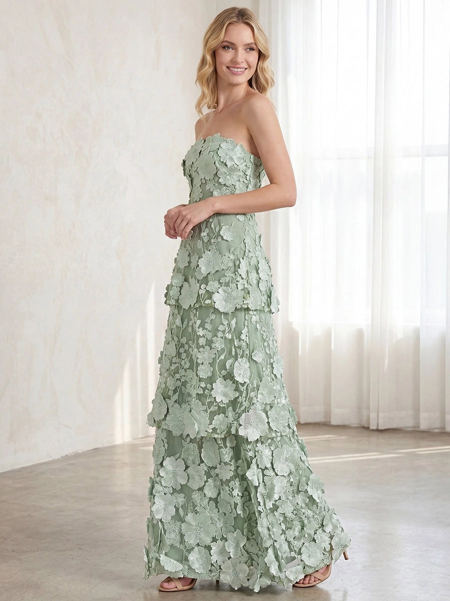 Romantic Lace A-Line Strapless Sleeveless Closed Back Tiered Floor-Length Floral Prom Dress