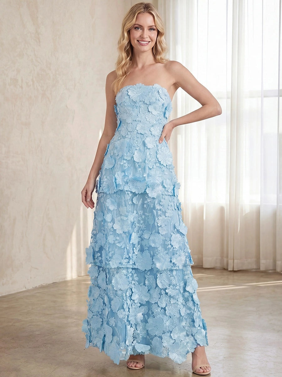 Romantic Lace A-Line Strapless Sleeveless Closed Back Tiered Floor-Length Floral Prom Dress
