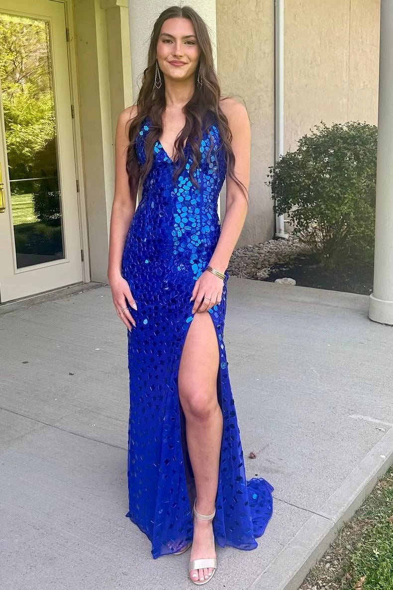Front view of a Loverlm royal blue sequin mermaid prom dress with a V-neckline, spaghetti straps, high side slit, and floor-length hem.