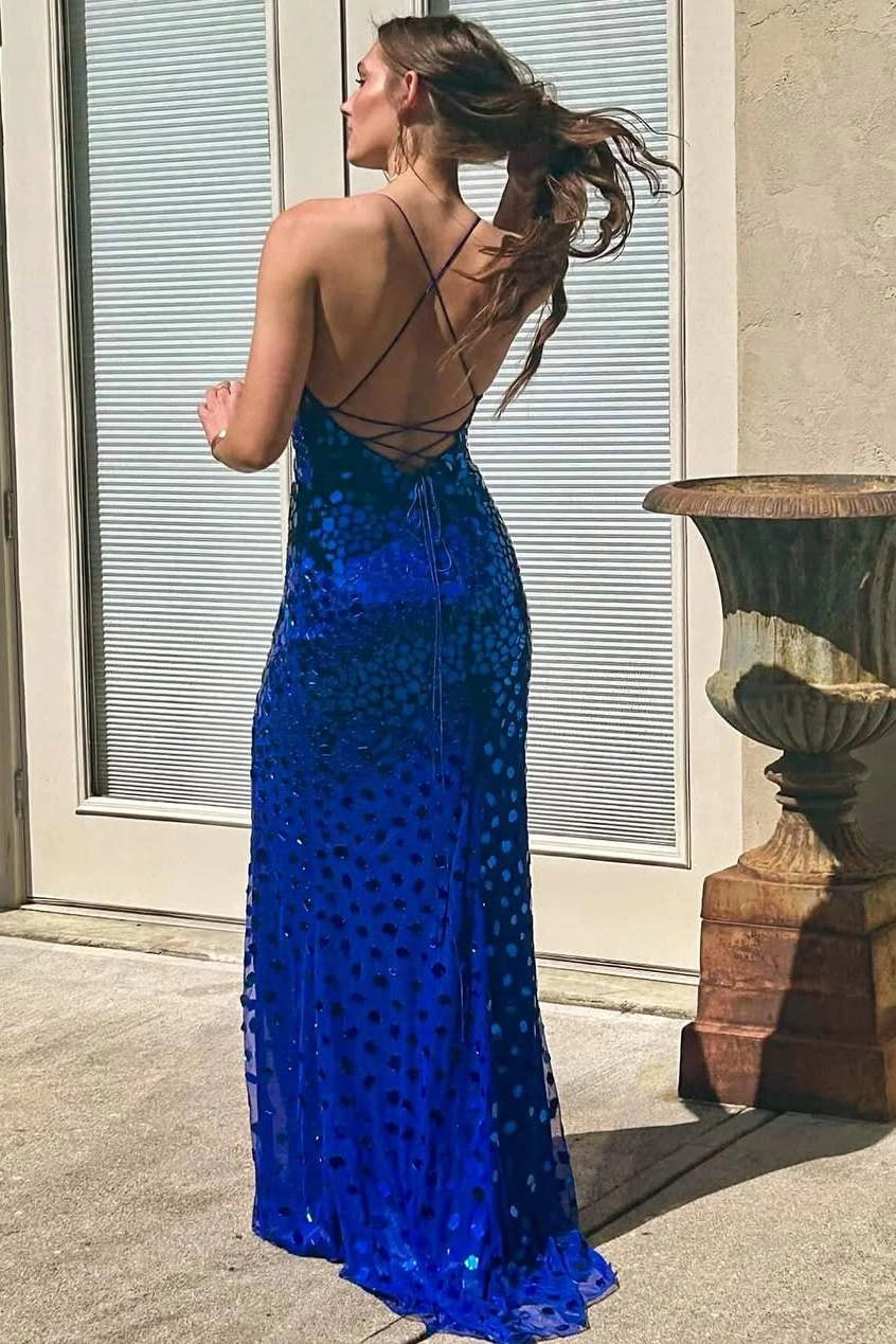 Loverlm Royal Blue Sequin Mermaid V-Neck Spaghetti-Strap Lace-Up-Back Slit Floor-Length Prom Dress