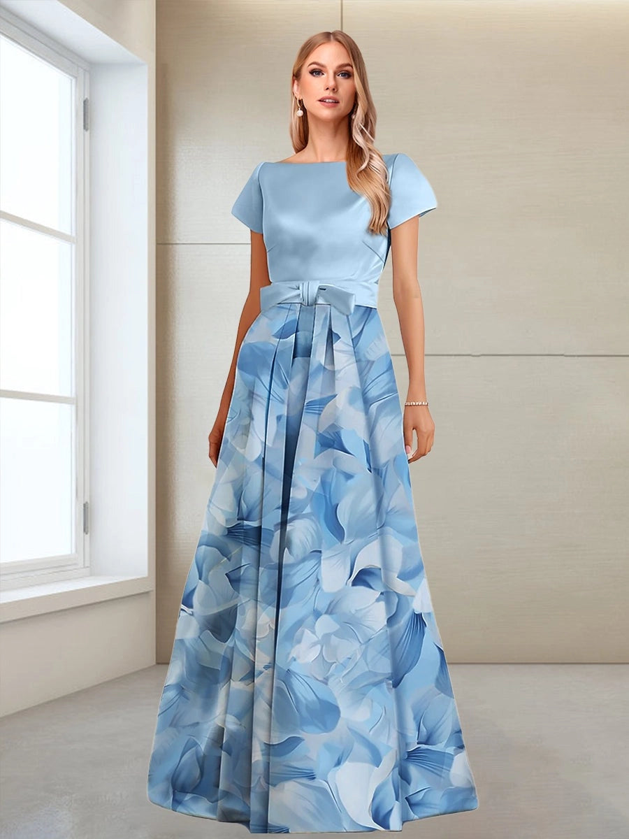 Loverlm light blue A-line mother of the bride dress with bateau neckline, short sleeves, bow waist and floral print floor-length skirt front view
