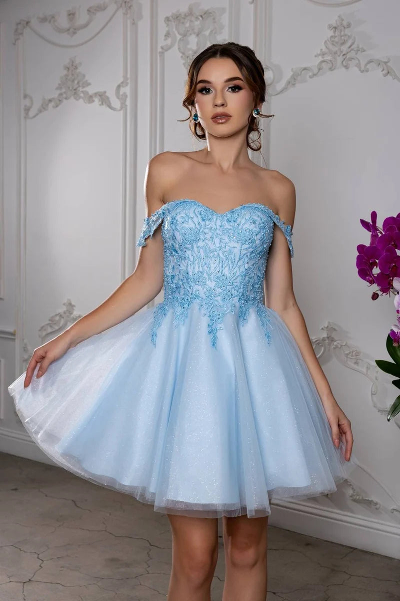 Romantic A-Line Sweetheart Off-Shoulder Lace-Up Tulle Mini Homecoming Dress