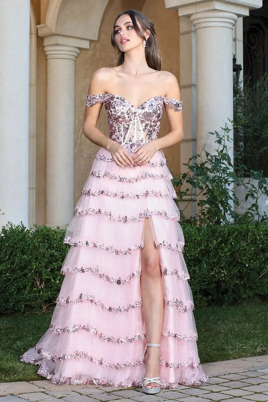 Loverlm blush pink off shoulder tiered high slit prom dress front