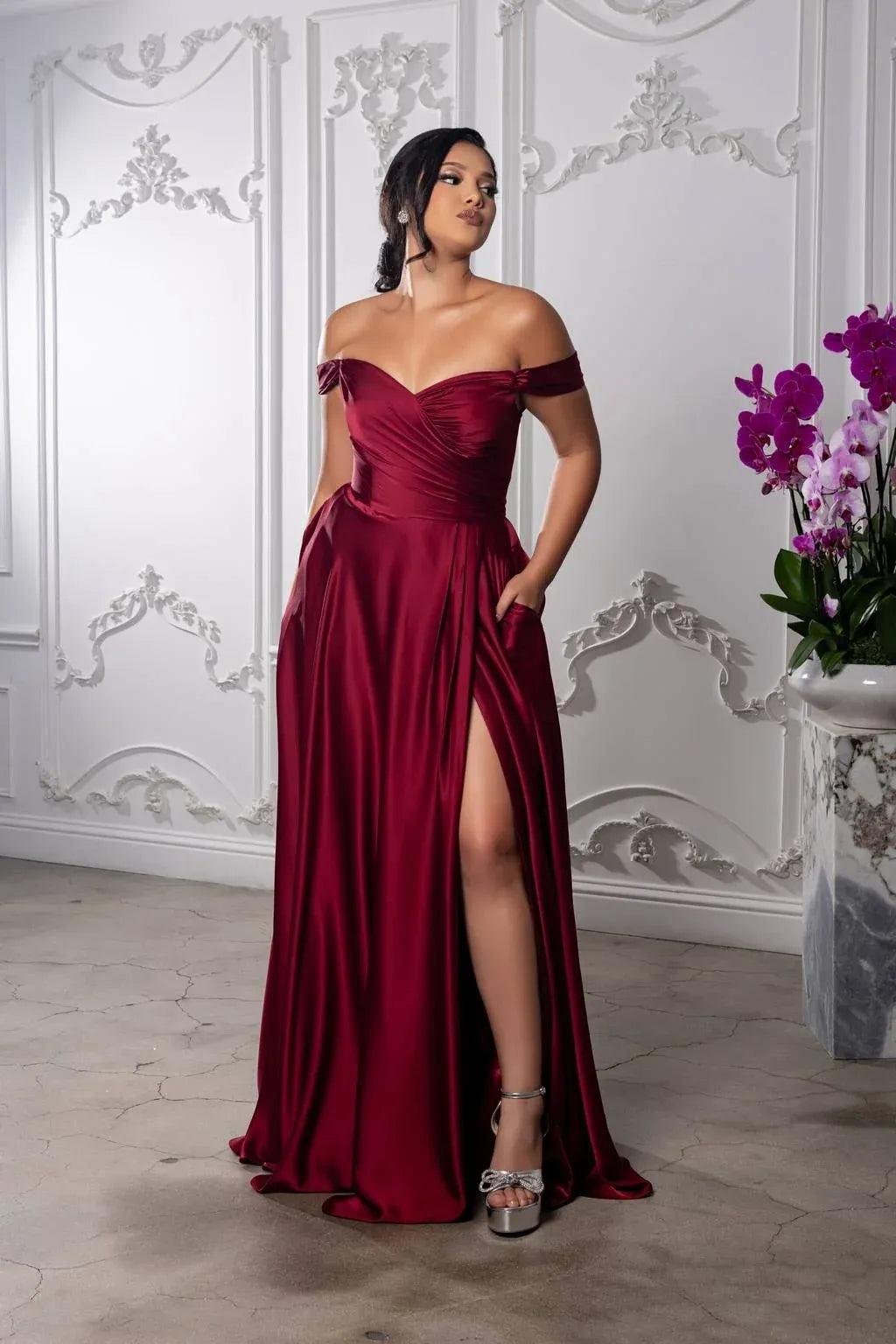 Romantic A-Line Sweetheart Off Shoulder Lace-Up Back Floor-Length Wedding Guest Dress