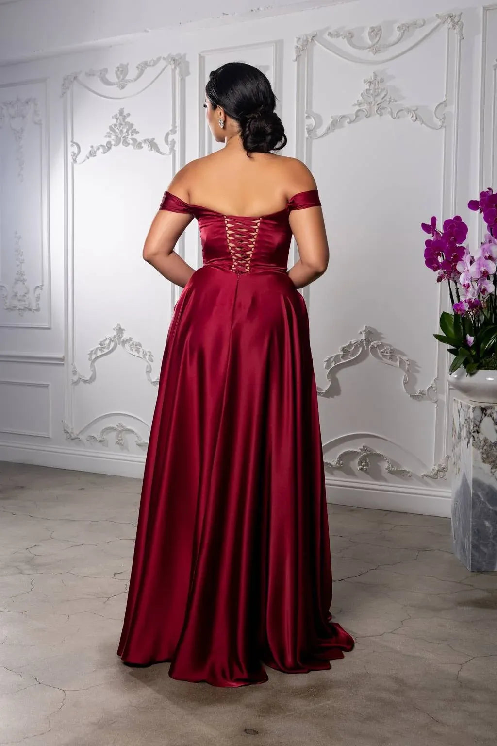 Romantic A-Line Sweetheart Off Shoulder Lace-Up Back Floor-Length Wedding Guest Dress