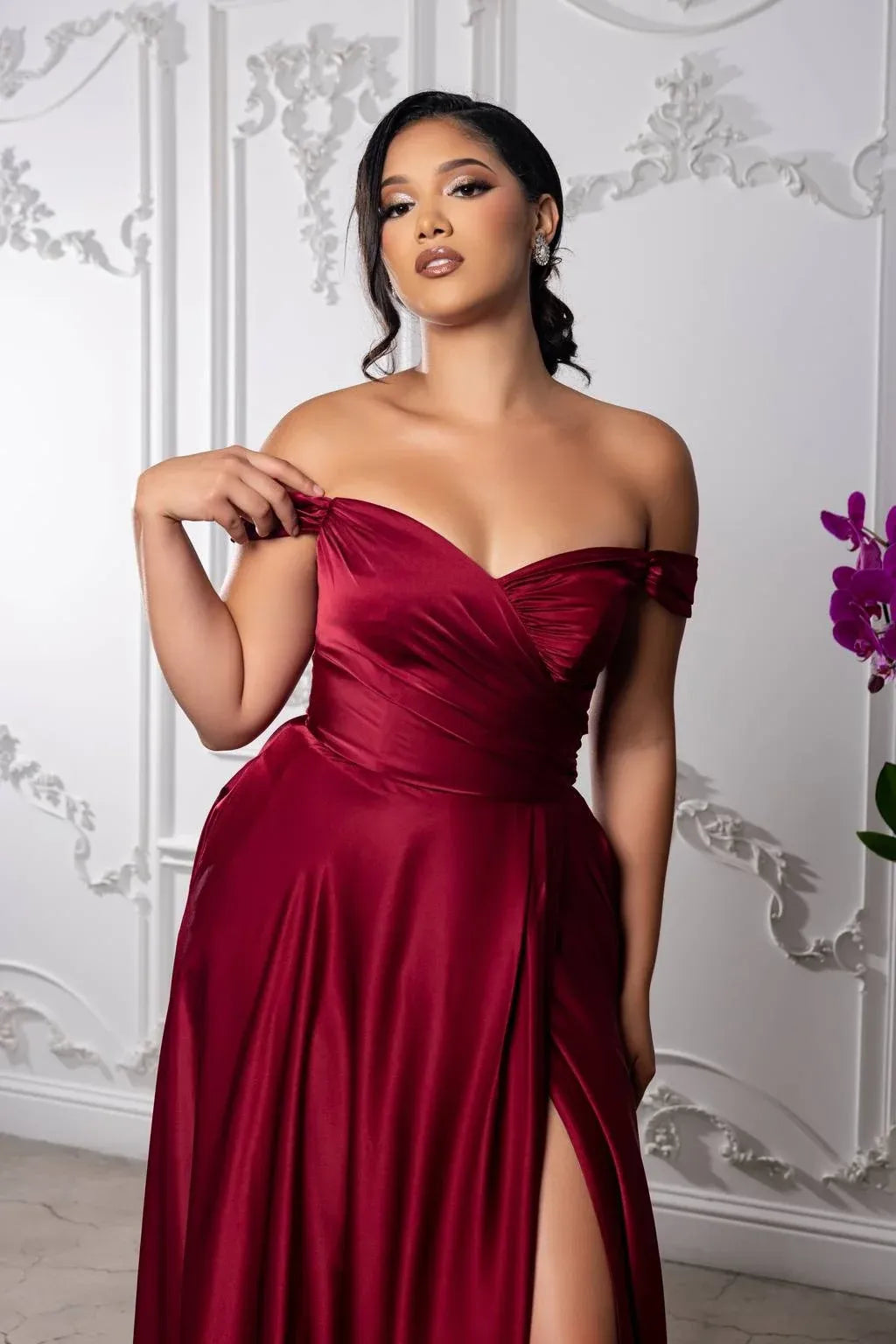 Romantic A-Line Sweetheart Off Shoulder Lace-Up Back Floor-Length Wedding Guest Dress