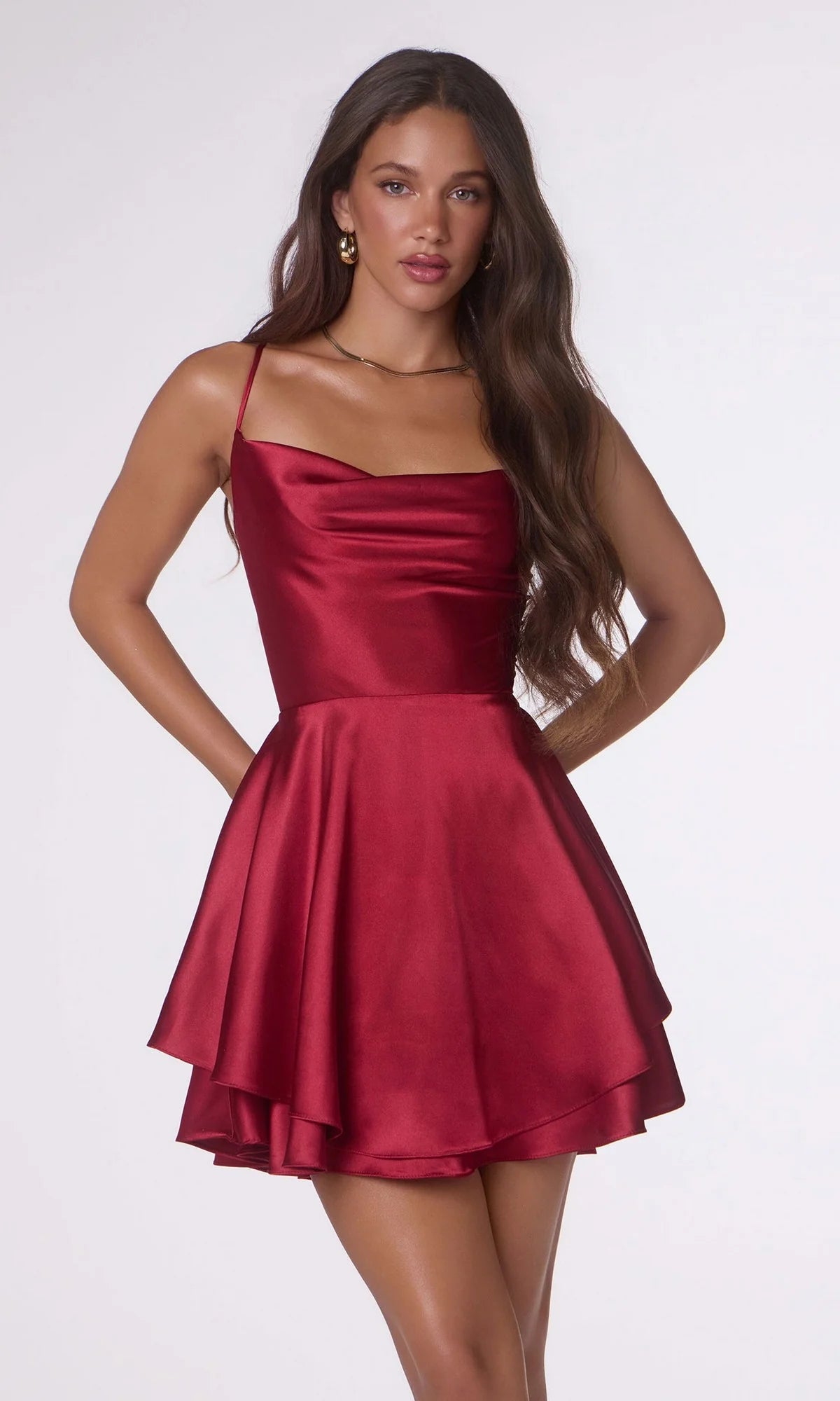 Chic A Line Cowl Neck Spaghetti Strap Satin Mini Homecoming Dress