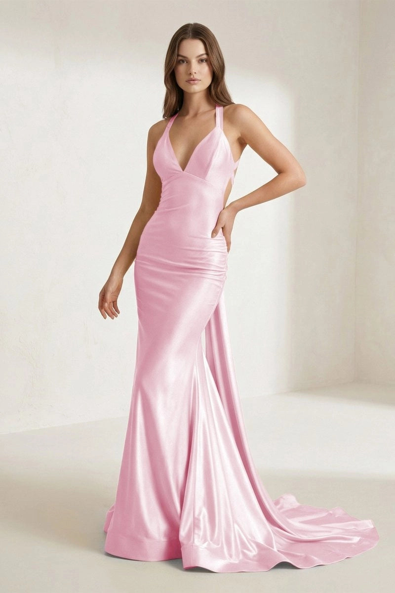 Elegant Mermaid V-Neck Sleeveless Strappy Open-Back Floor-Length Prom Dress