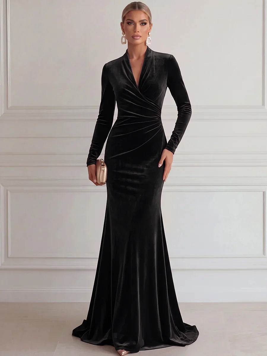 Elegant Mermaid Deep V Long Sleeve Velvet Floor-Length Evening Dress