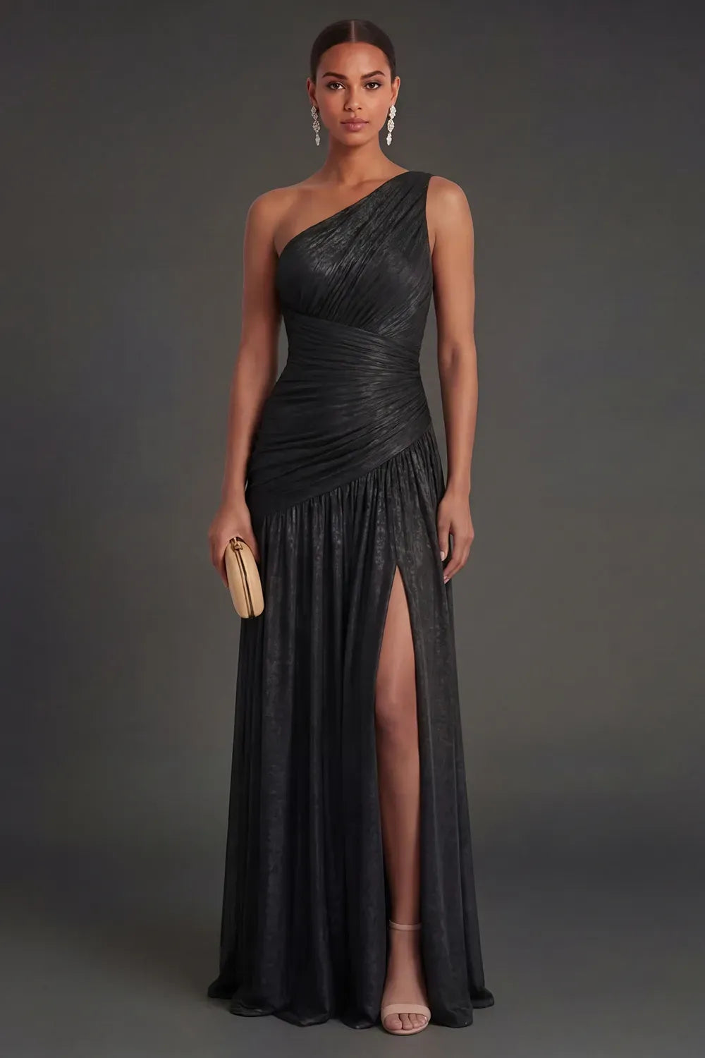 Elegant A-Line One Shoulder Sleeveless Ruched Back Floor Length Evening Dress