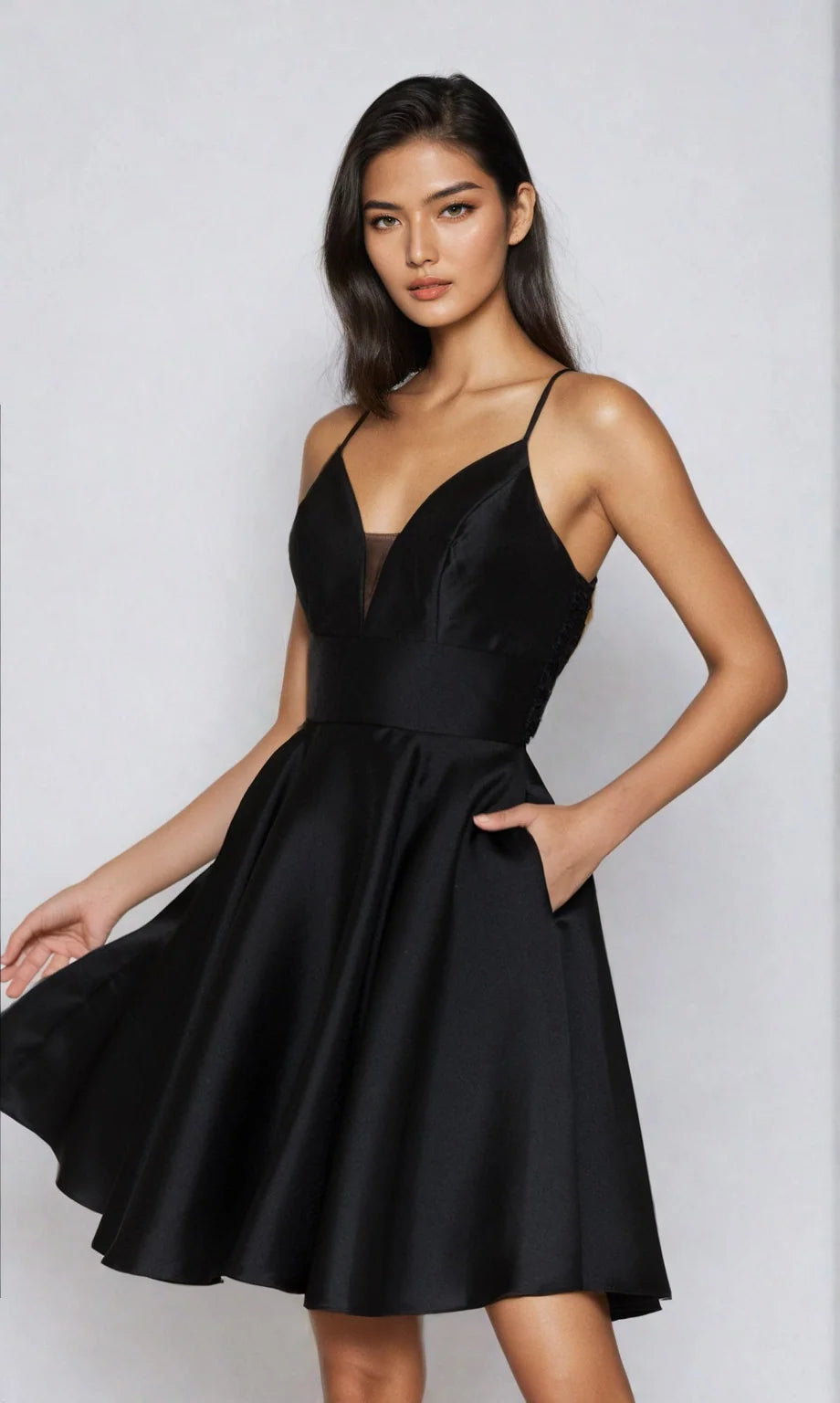 Elegant A-Line Plunging V-Neck Sleeveless Satin Mini Homecoming Dress