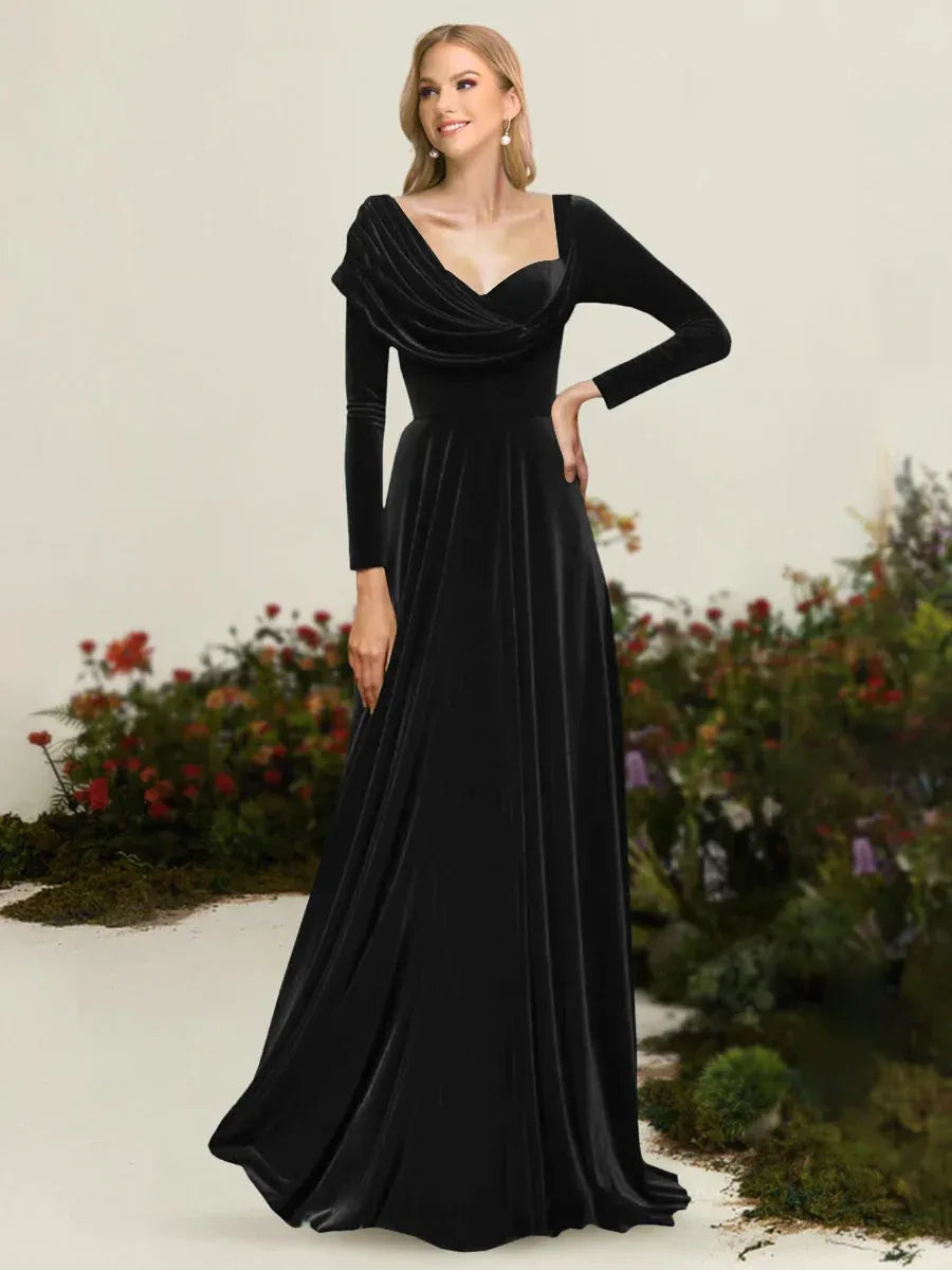 Elegant A-Line Draped Neckline Long Sleeve V-Back Floor-Length Mother of the Bride Dress