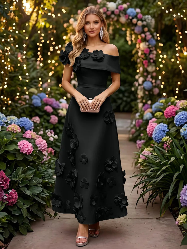 Romantic A-Line Off-Shoulder Short Sleeve Satin Ankle-Length Wedding Guest Dress