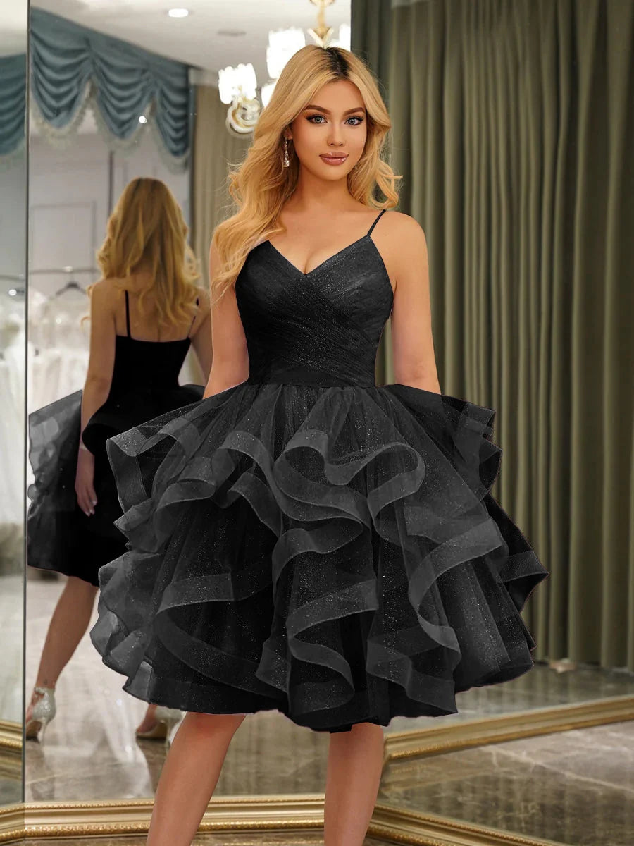 Dreamy A-Line V-Neck Spaghetti Strap Zipper Back Ruffled Mini Homecoming Dress