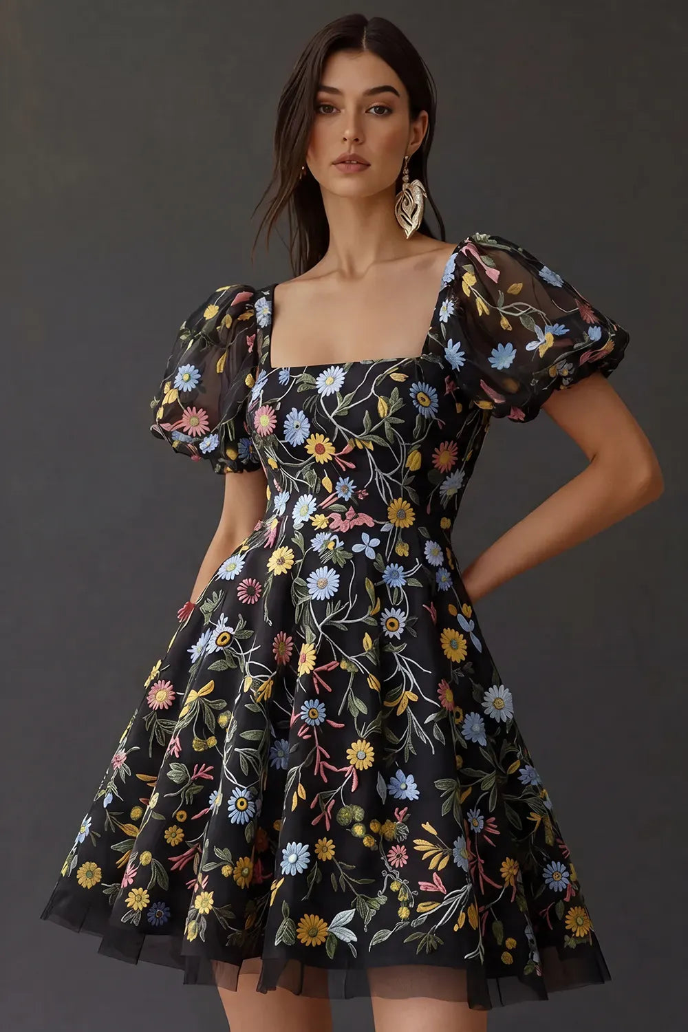 Romantic A Line Square Neck Puff Sleeve Square Back Short Homecoming Dress
