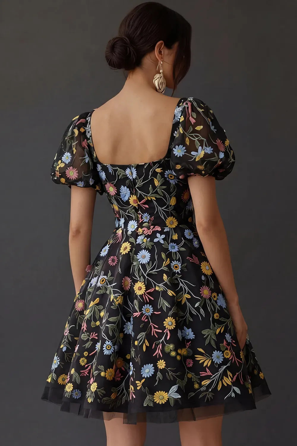 Romantic A Line Square Neck Puff Sleeve Square Back Short Homecoming Dress