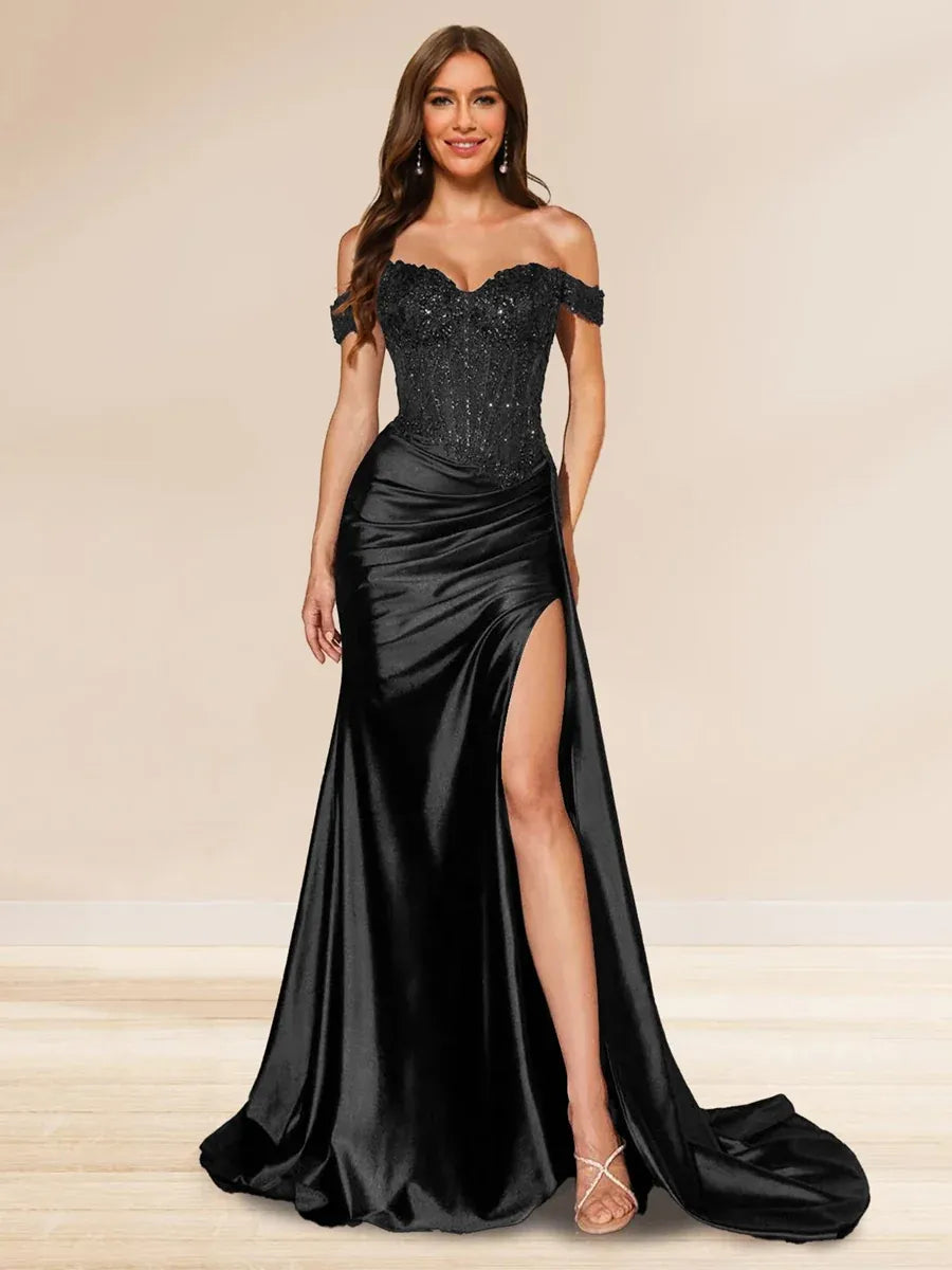 Elegant Mermaid Sweetheart Off-Shoulder V-Back Floor-Length Sequin Evening Dress